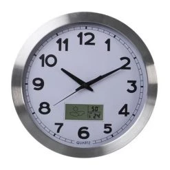 VELLEMAN HORLOGE MURALE EN ALUMINIUM AVEC ÉCRAN LCD ET THERMOMÈTRE, HYGROMÈTRE & PRÉVISIONS MÉTÉO - Ø 35 Cm
